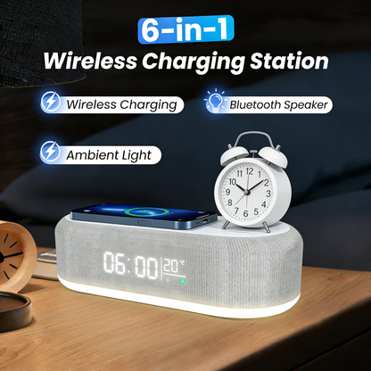 6-in-1 Kabellose Ladestation 15W - Bluetooth-Lautsprecher, Uhr, Wecker, Thermometer & Nachtlicht