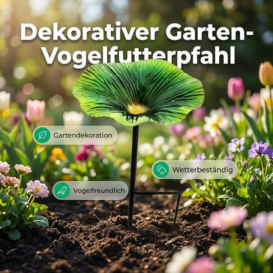 Bunter Vogelfutterspender als Blumenstab für den Garten