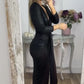 Metallic-Langarm-Krawatten-Bodycon-Kleid mit V-Ausschnitt