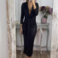 Metallic-Langarm-Krawatten-Bodycon-Kleid mit V-Ausschnitt