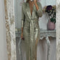 Metallic-Langarm-Krawatten-Bodycon-Kleid mit V-Ausschnitt