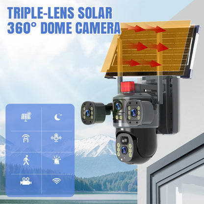 Solarbetriebene 360°-Domekamera mit Dreifachlinse - Laser-Farb-Nachtsicht, Zwei-Wege-Interkom & App-Steuerung | 8MP, 4G/WiFi