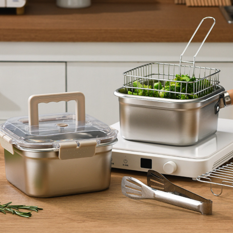Multifunktion-Set: Fritteuse mit Frischhaltedose-Funktion (abnehmbarer Griff + Deckel)