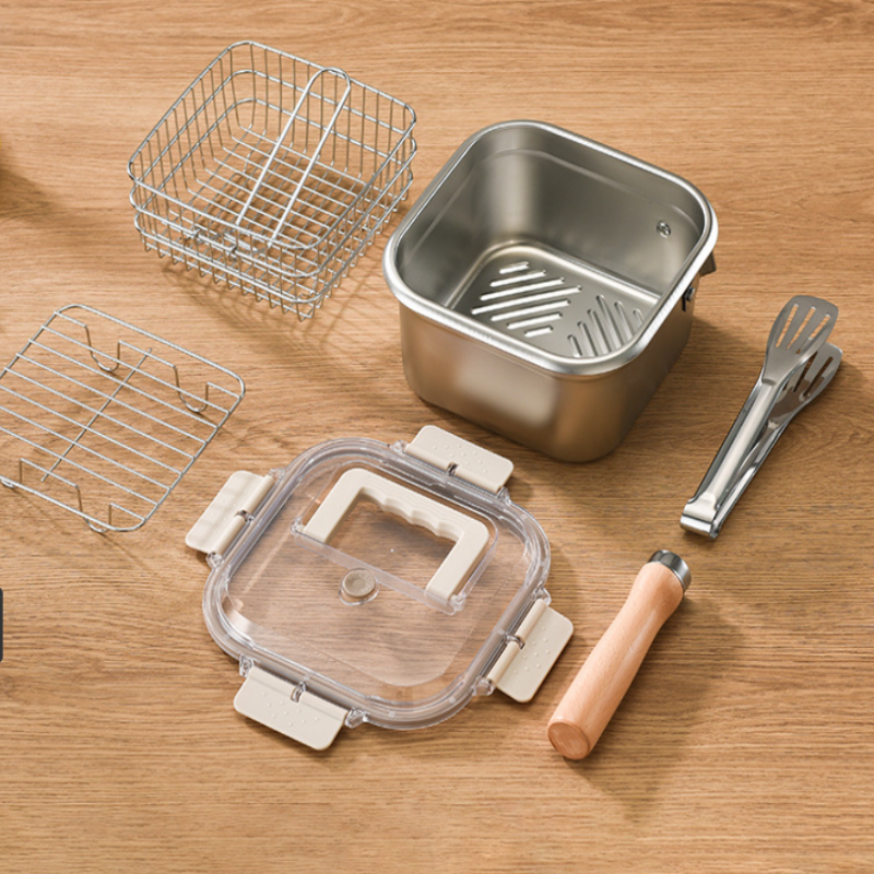 Multifunktion-Set: Fritteuse mit Frischhaltedose-Funktion (abnehmbarer Griff + Deckel)