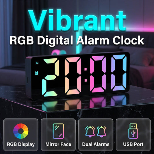 LED-Digitalwecker mit Spiegeloberfläche & RGB-Beleuchtung – Großes Display, USB-Ladeanschluss & Thermometer